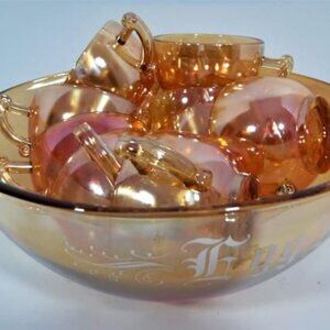 Vintage Jeannette Glass Co Carnival Egg Nog Punch Bowl, Set for 6